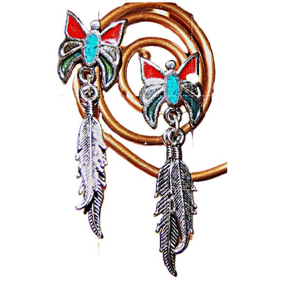 1.5" Vintage Signed Turquoise Coral Butterfly/Feather Earrings - Picture 2 of 11